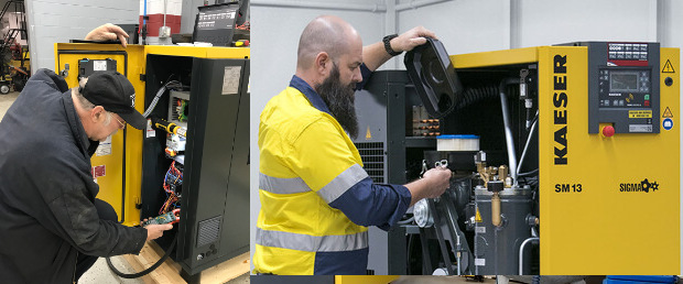 Delta Industries technicians repairing air compressor