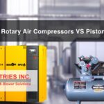 Rotary vs Piston air compressor with industrial background.