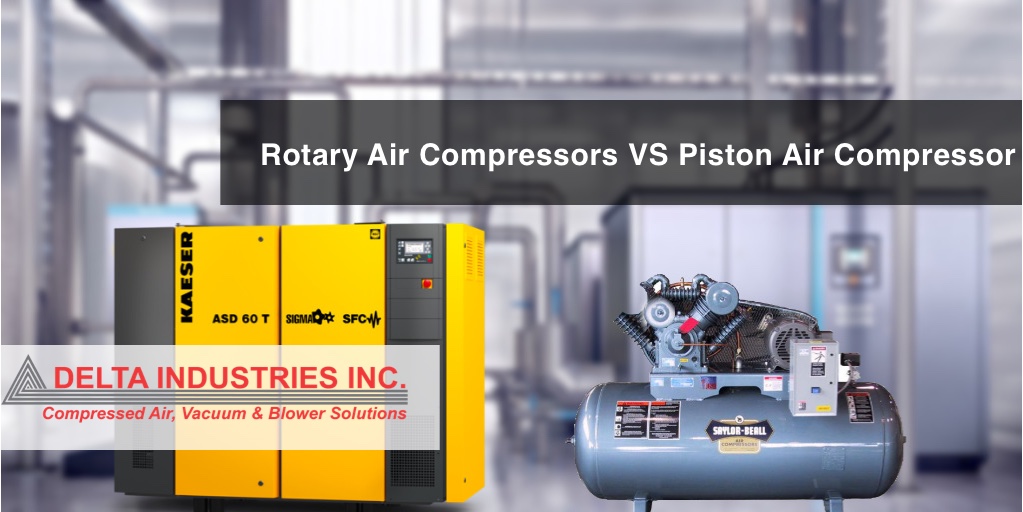 Rotary vs Piston air compressor with industrial background.